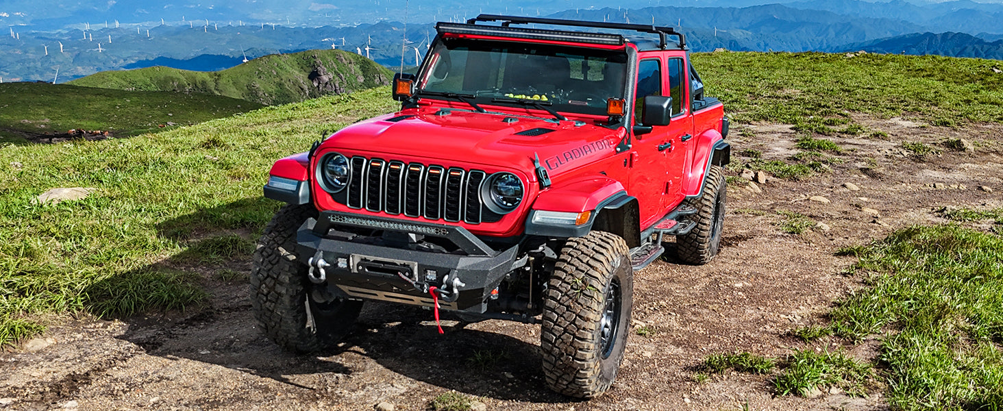 Side view of Jeep Gladiator JT with truck bed rack installed for overlanding