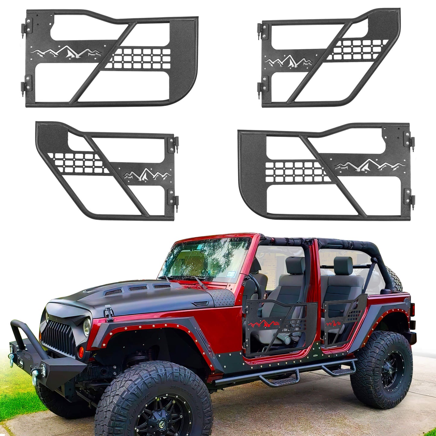 Jeep Wrangler tube doors with DIY snow mountain design, customizable off-road upgrade.