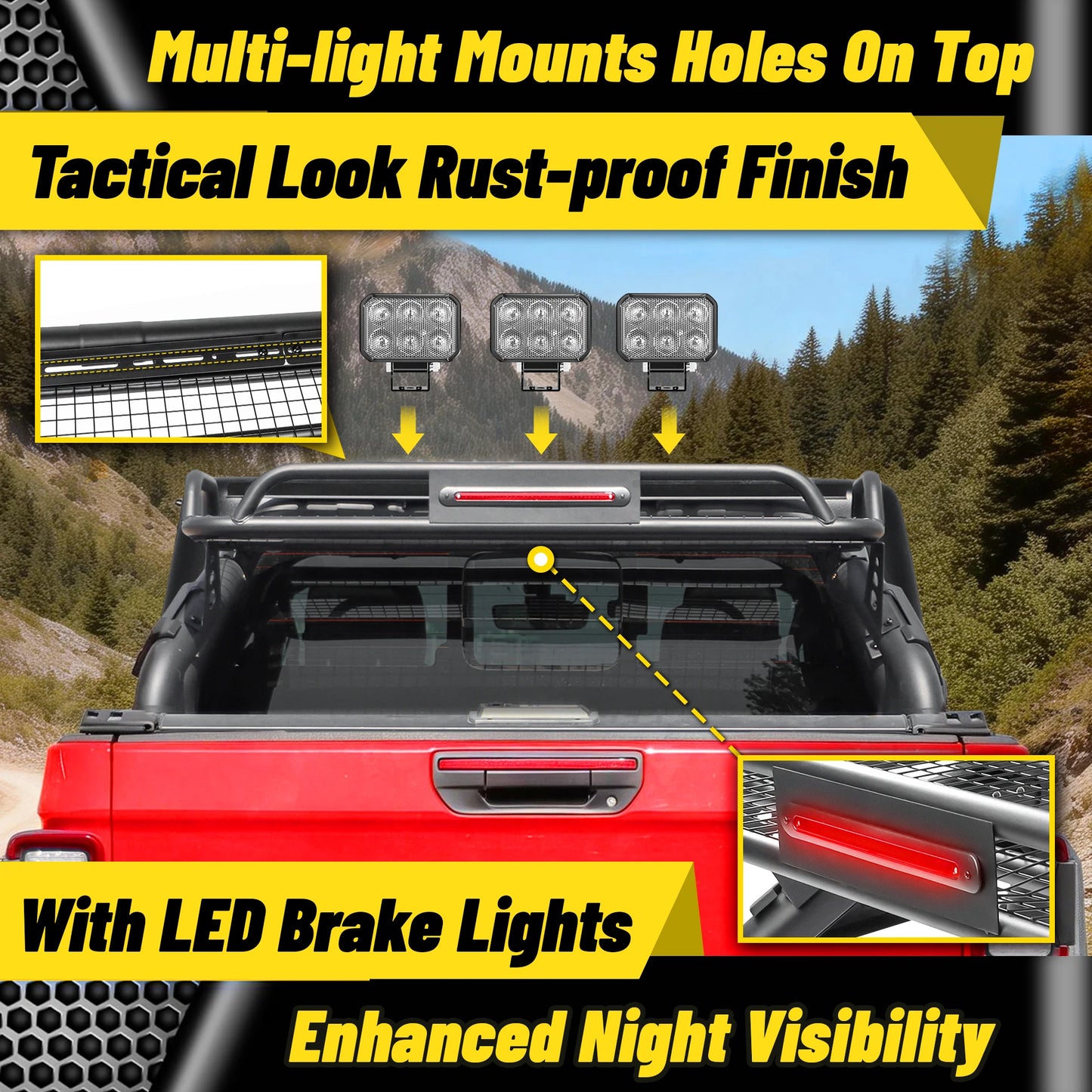 Roll Bar with Cargo Basket, LED Brake Light & Light Rack for Mid-Size Truck