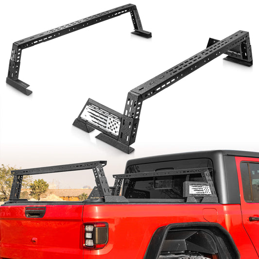 Low profile truck bed rack featuring flag design, durable and ready for outdoor adventures.