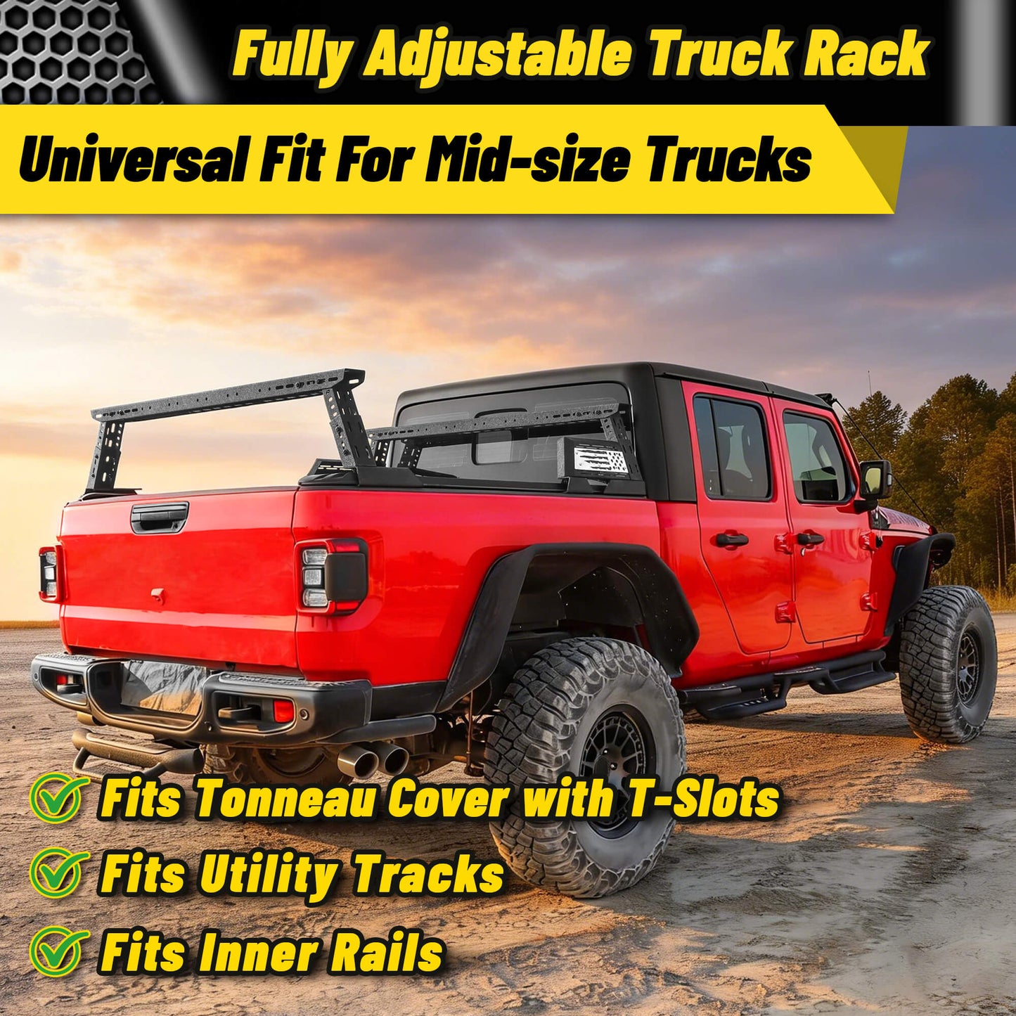 Low profile truck bed rack fits mid-size and full-size pickups, durable and versatile.