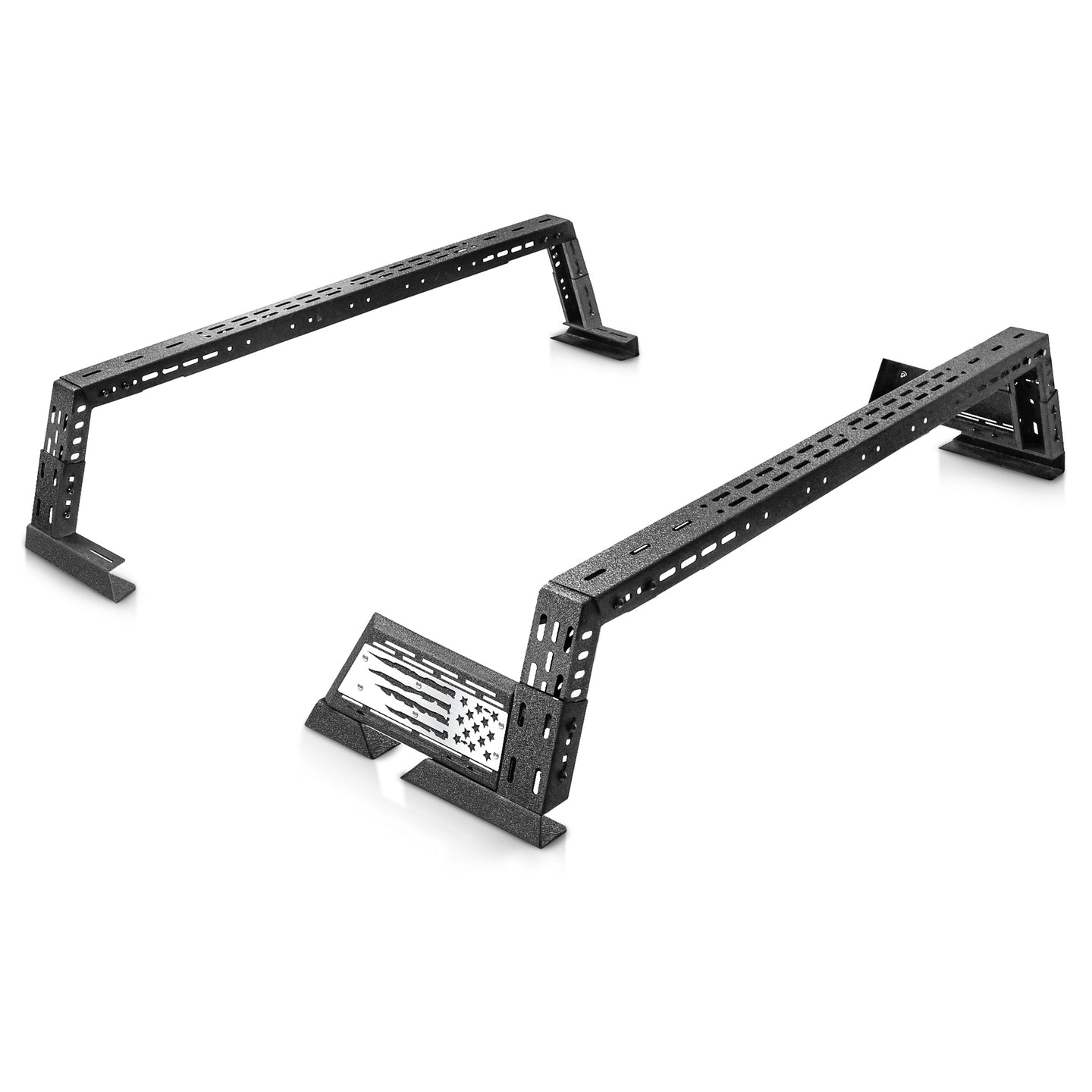 Display of low profile truck bed rack featuring flag design.
