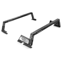 Display of low profile truck bed rack featuring flag design.