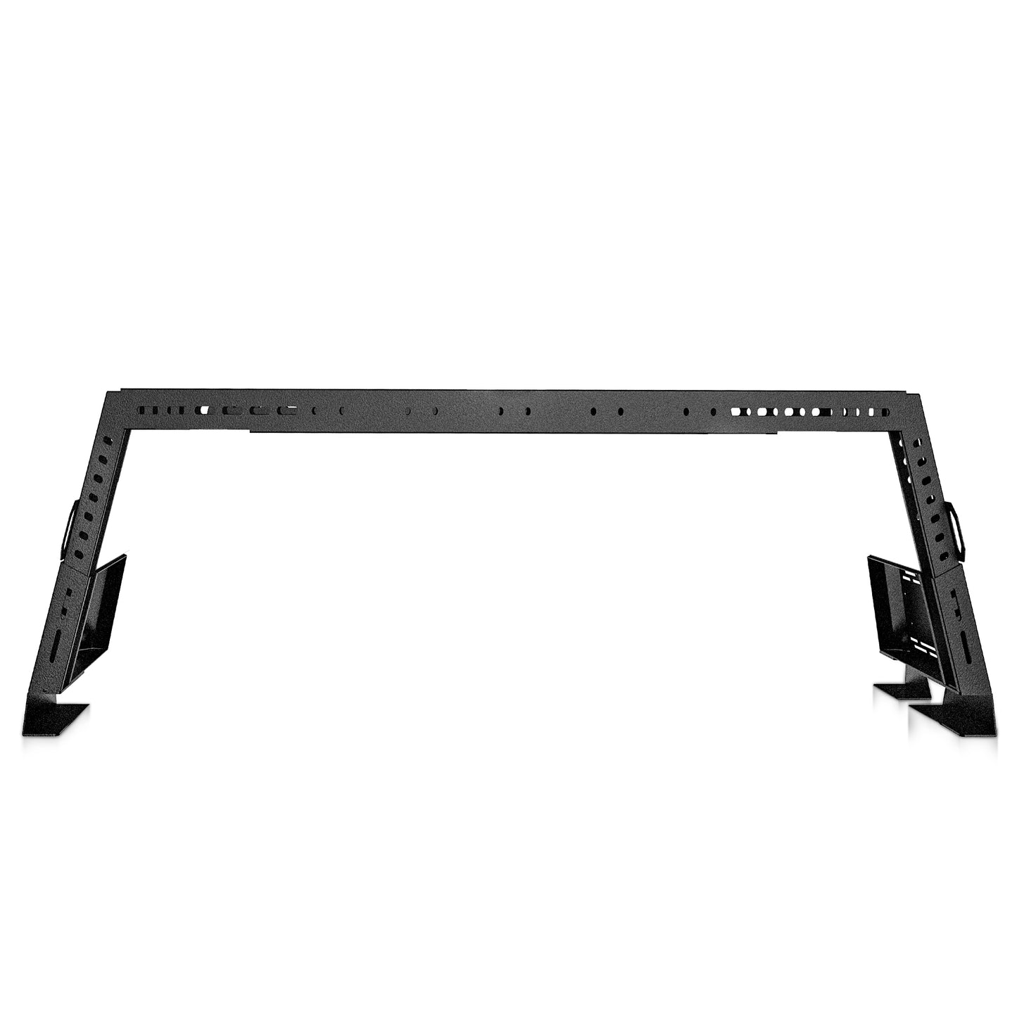 Front view of low profile truck bed rack with flag design on white background.