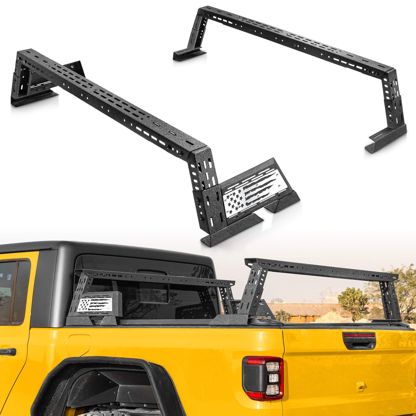 Low profile truck bed rack with flag design shown fully installed on pickup.