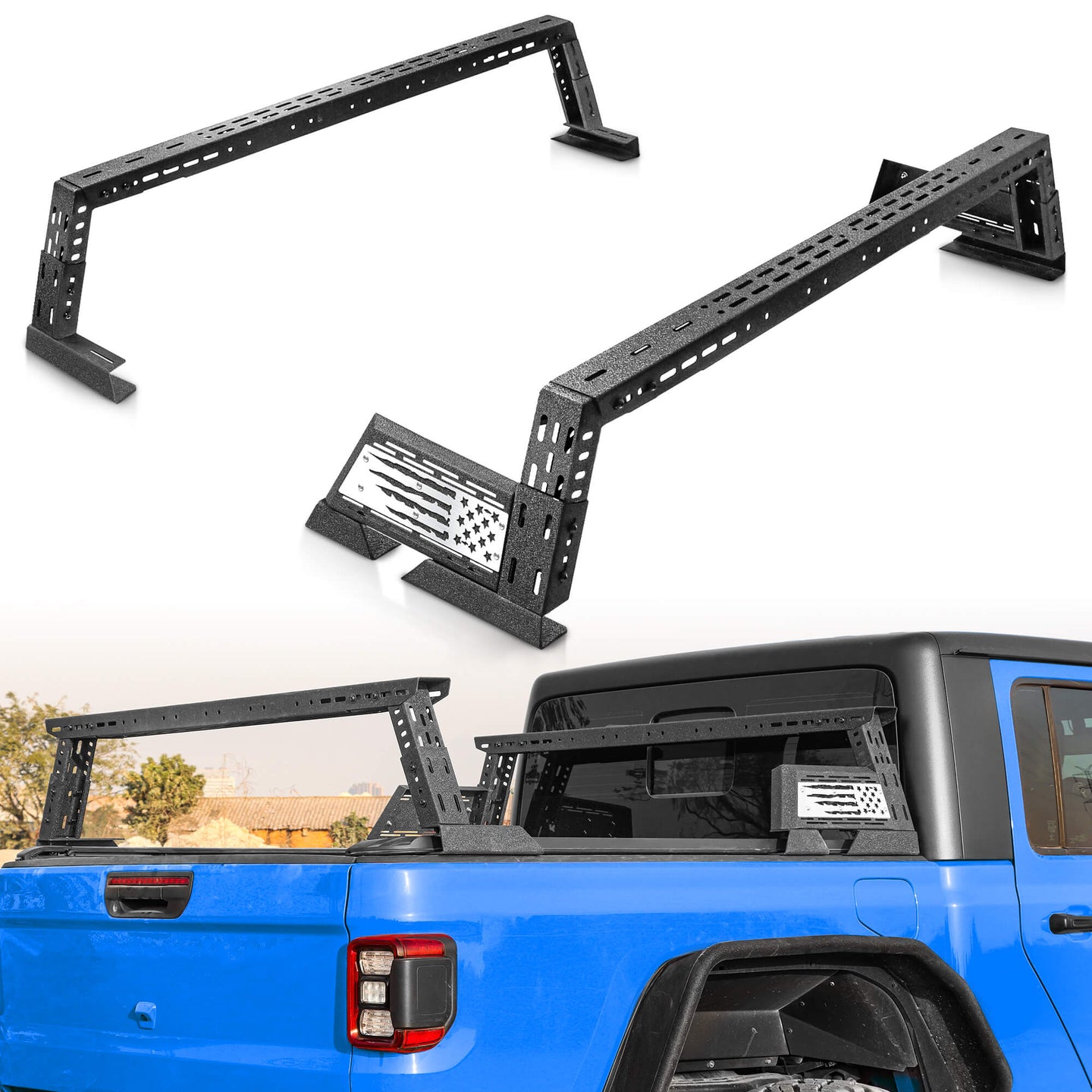 Low profile truck bed rack with flag design installed on compatible pickup trucks.