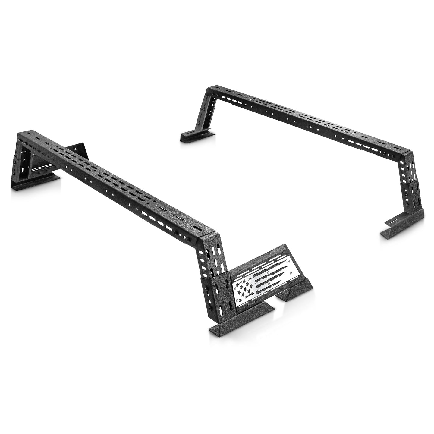 Side view of low profile truck bed rack with flag design on white background.