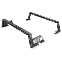Side view of low profile truck bed rack with flag design on white background.
