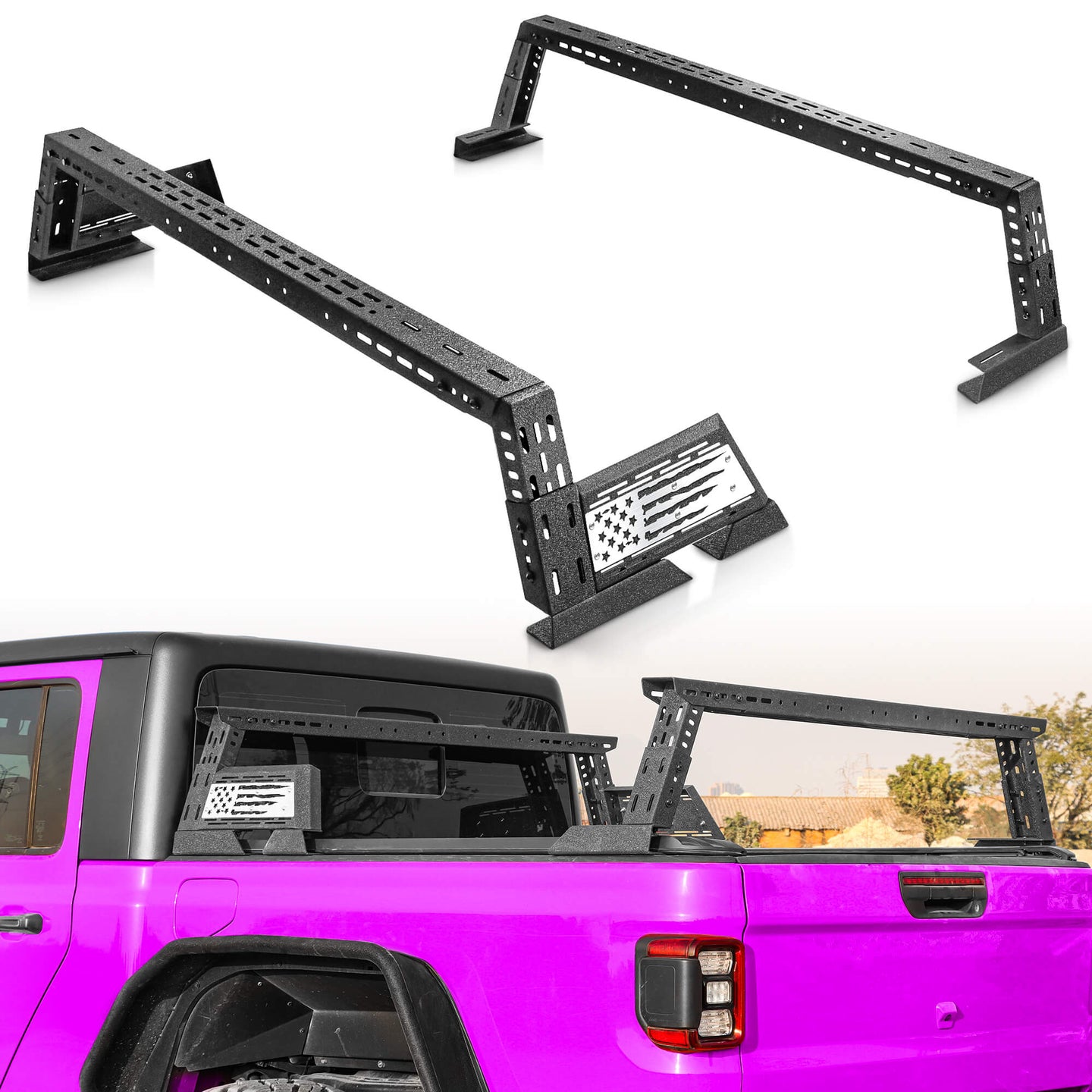 Side view of low profile truck bed rack featuring flag design.