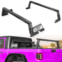 Side view of low profile truck bed rack featuring flag design.