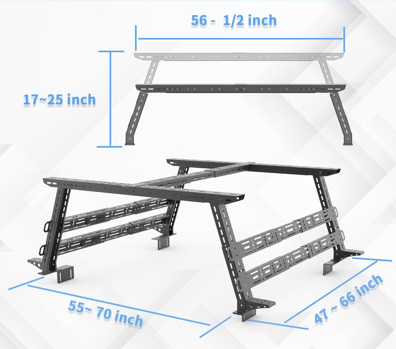 Illustration showing adjustable height feature of a medium-heavy duty truck bed rack