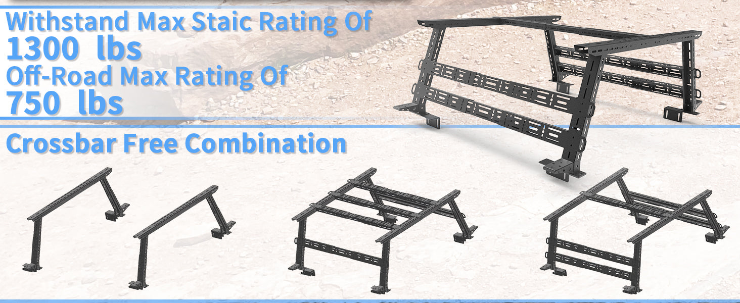 Medium-heavy duty truck bed rack with max static rating of 1300 lbs, off-road max 750 lbs, and flexible crossbar configuration