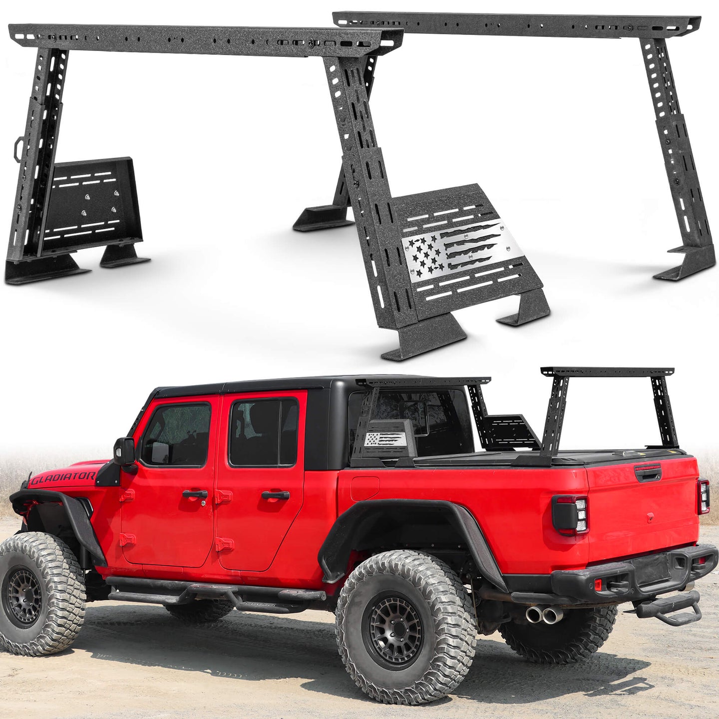 Mid-height bed rack with USA flag design for pickup trucks
