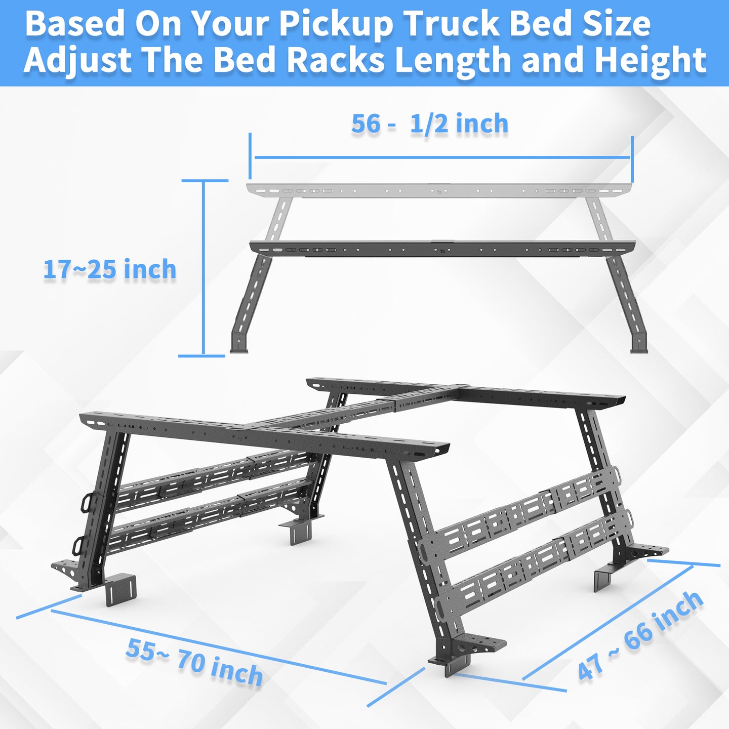 Dimensions of mid-height truck bed rack showing adjustable height, width, and cargo spacing for versatile storage