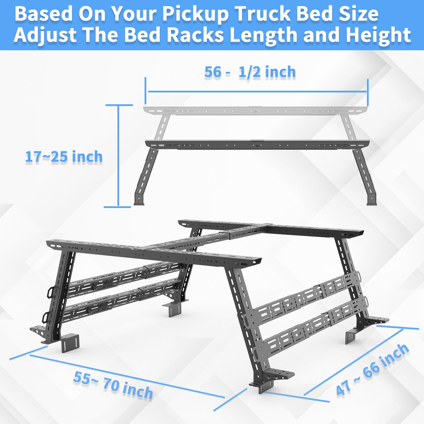 Dimensions of mid-height truck bed rack showing adjustable height, width, and cargo spacing for versatile storage