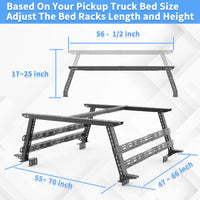 Dimensions of mid-height truck bed rack showing adjustable height, width, and cargo spacing for versatile storage