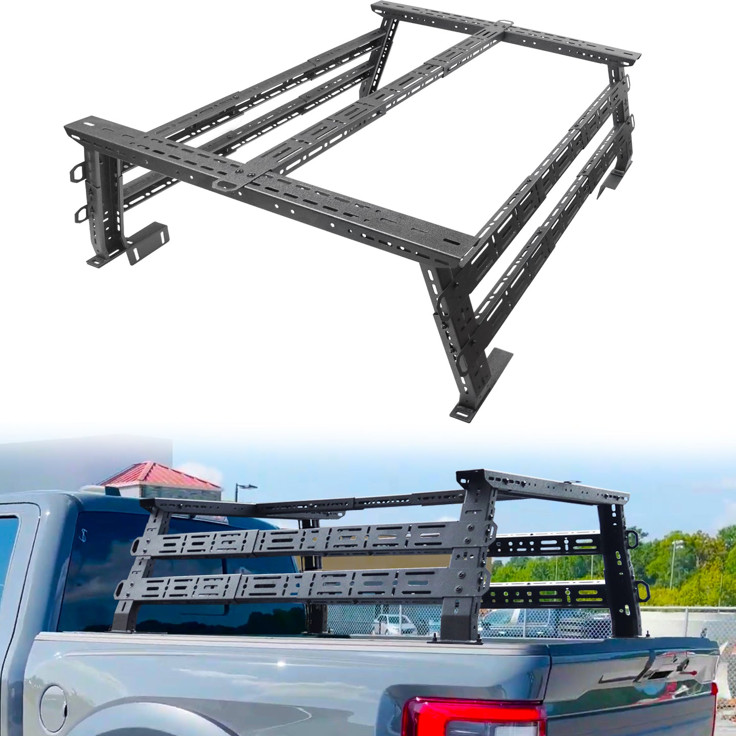 Front view of mid-height truck bed rack showing adjustable height and sturdy design for versatile cargo storage.