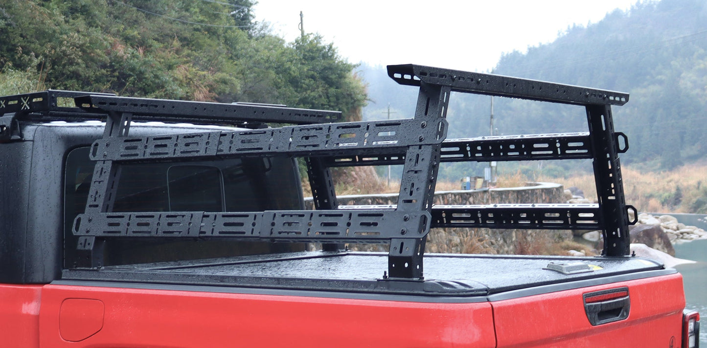Mid-height truck bed rack installed outdoors on pickup showing sturdy design and ready for cargo