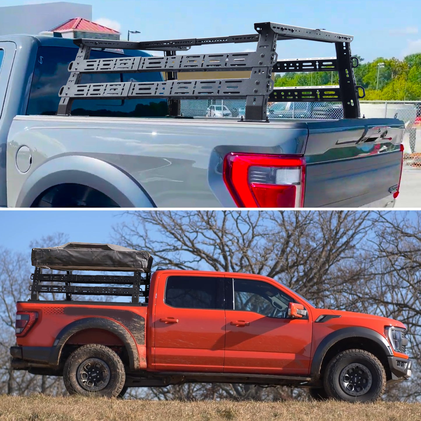Outdoor panoramic view of mid-height truck bed rack installed on pickup showing full design and cargo capacity