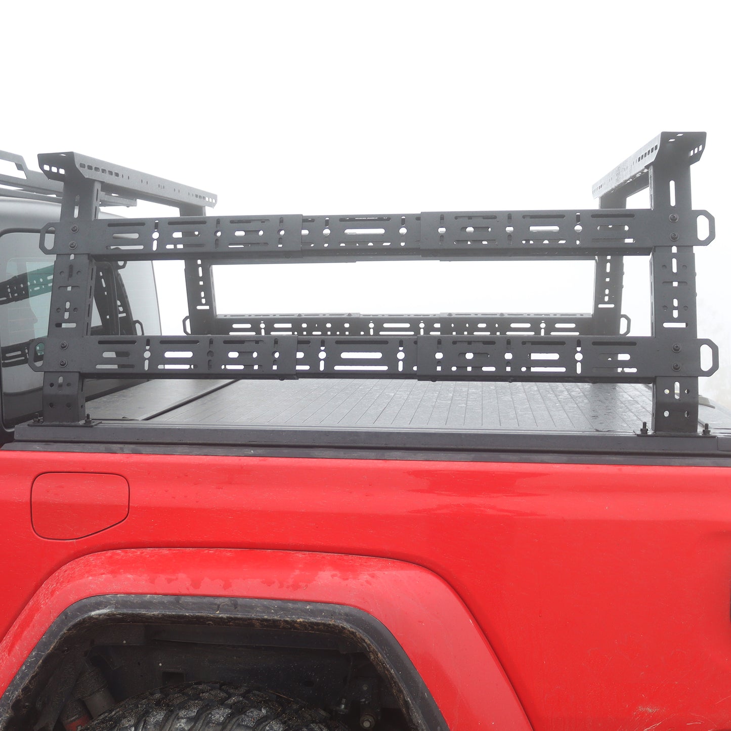 Overall view of mid-height truck bed rack showing full design and versatile storage options