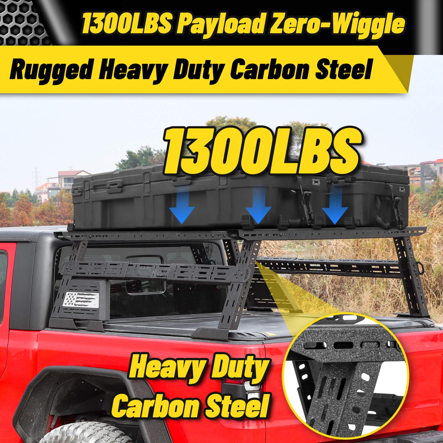 Mid-height truck bed rack with USA flag design, adjustable for any pickup bed.