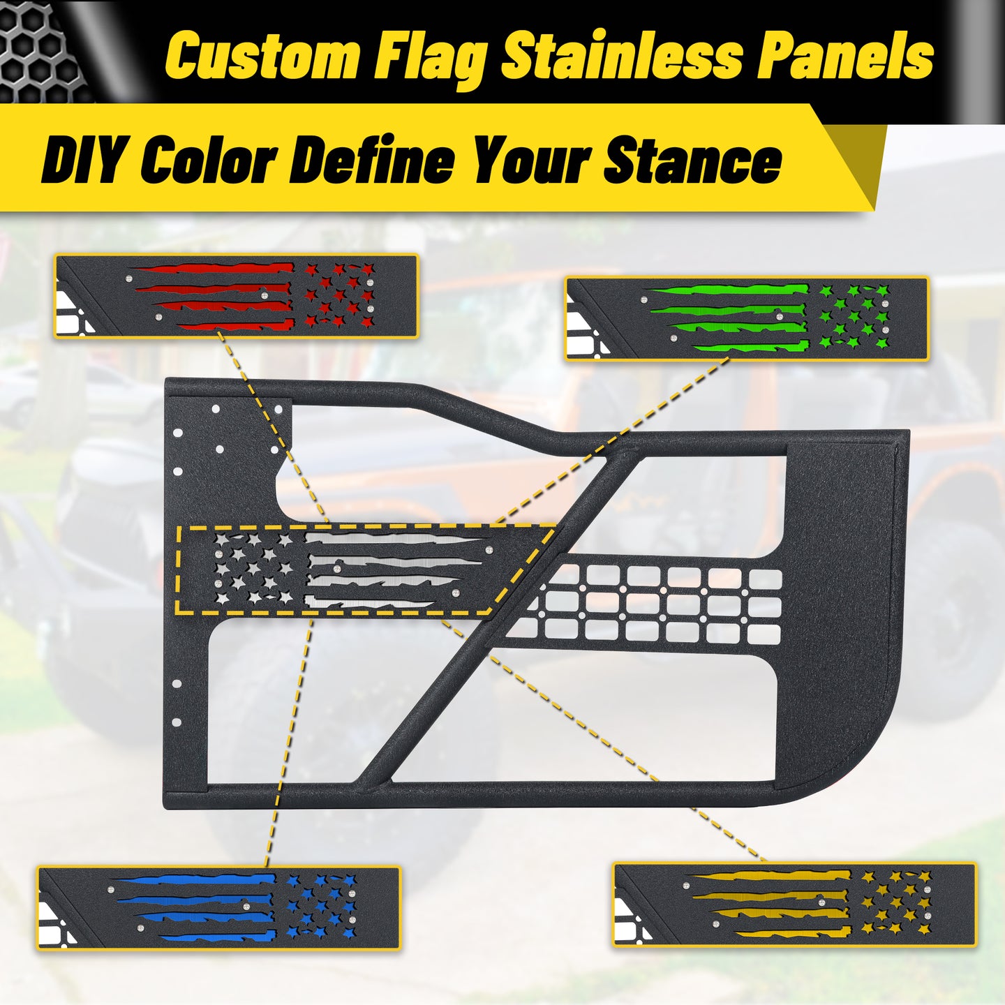 MONOKING Jeep Wrangler JK 2007-2018 tube doors with USA flag design, DIY assembly and painting
