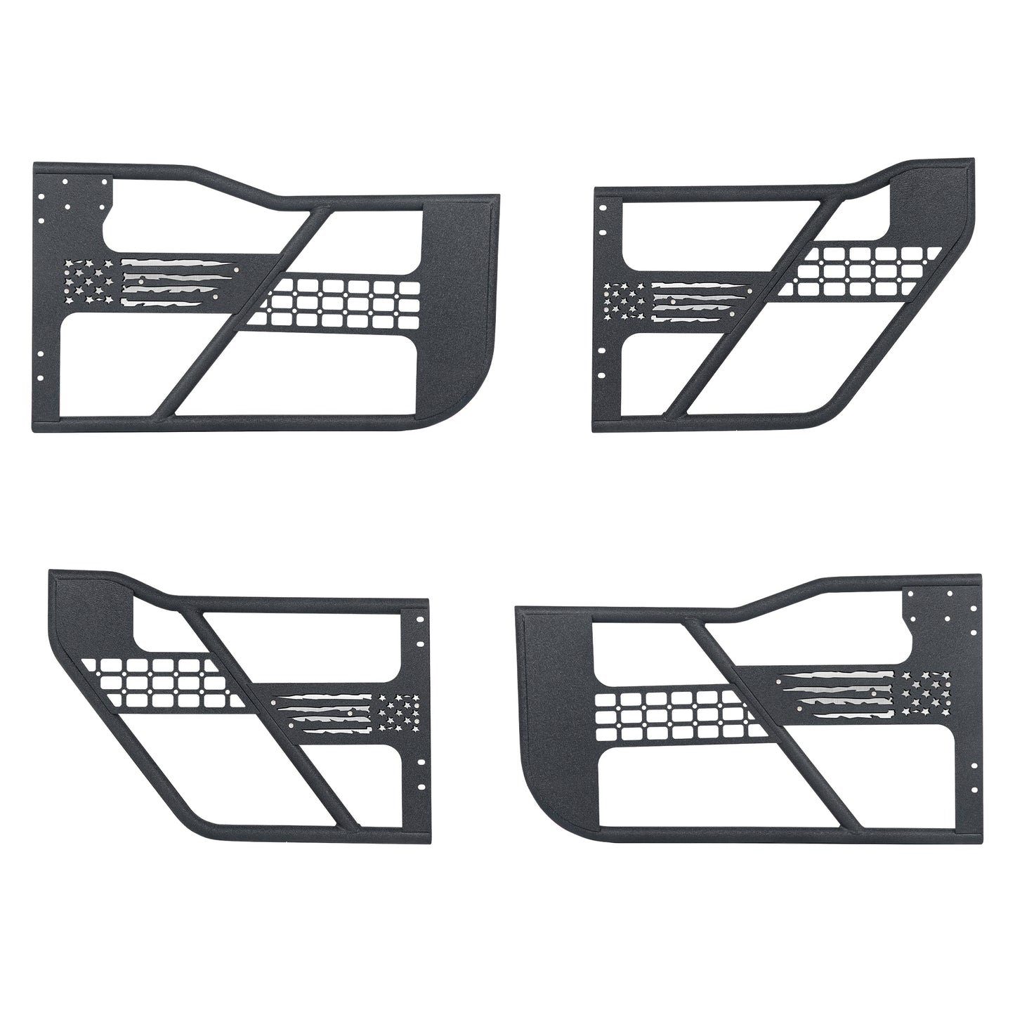 Jeep Wrangler JK 2007-2018 tube doors with USA flag design, front and side view