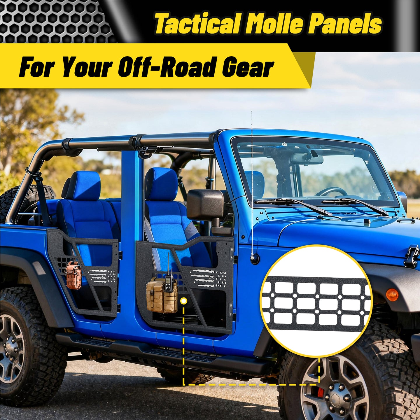 MONOKING Jeep Wrangler JK 2007-2018 tube doors with USA flag design, heavy-duty build for open driving