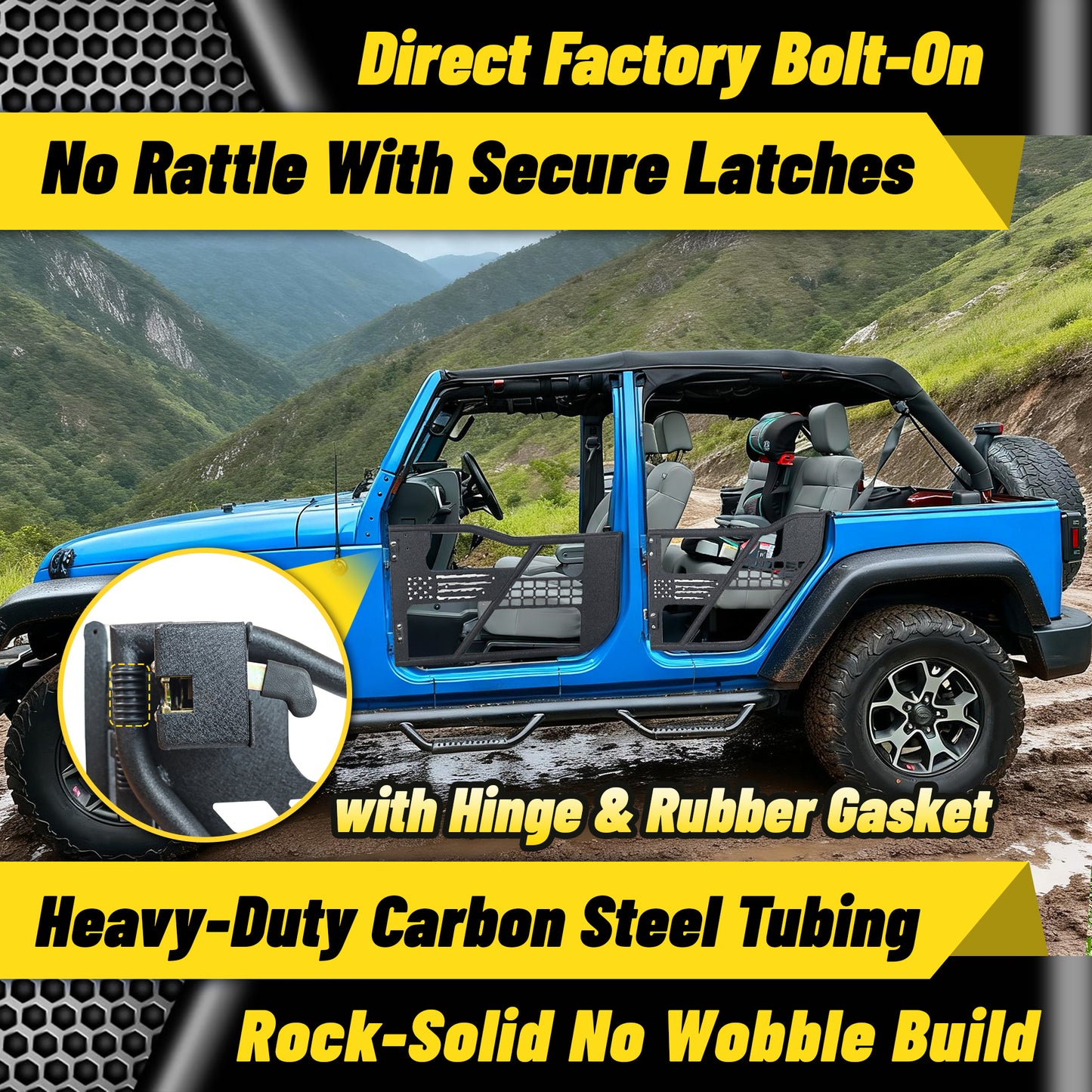 MONOKING Jeep Wrangler JK 2007-2018 tube doors with USA flag design, strong and secure heavy-duty support