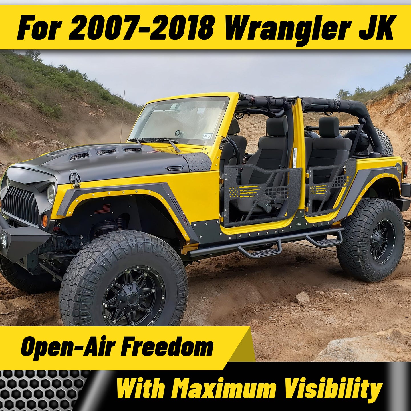 MONOKING Jeep Wrangler JK 2007-2018 tube doors with USA flag design, perfect fit for open driving