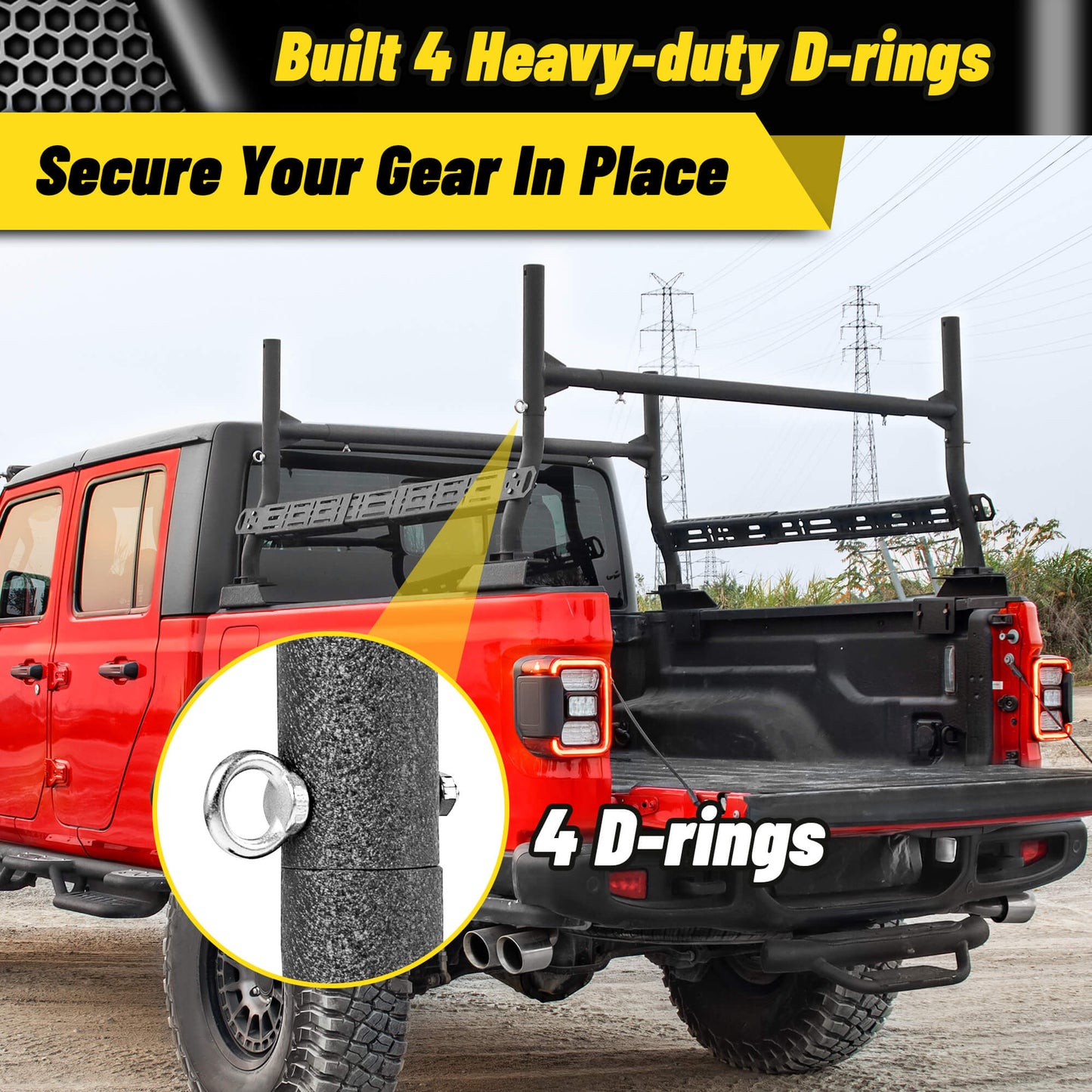 Steel truck bed rack 18-26" with sidebars, secure screws, supports 4 heavy-duty racks.
