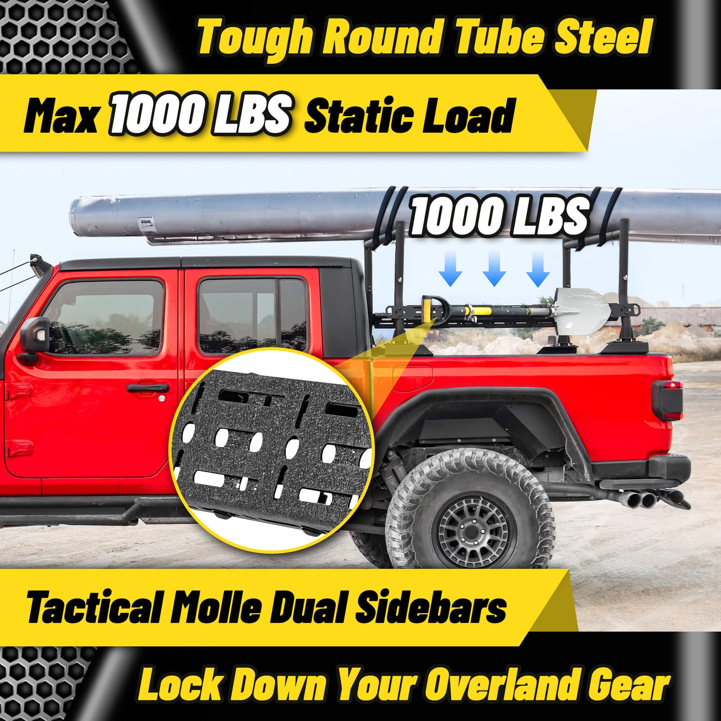 Steel truck bed rack 18-26" with sidebars, 1000 lbs capacity, sturdy and safe.