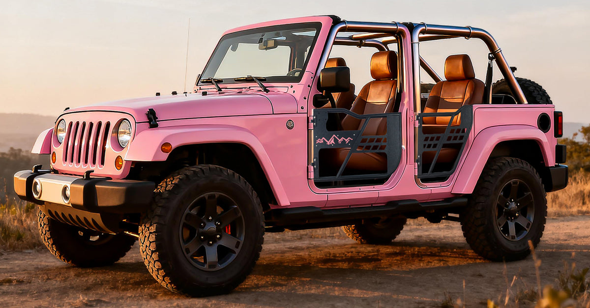 Custom pink snow mountain truck door parked outdoors, eye-catching off-road style.