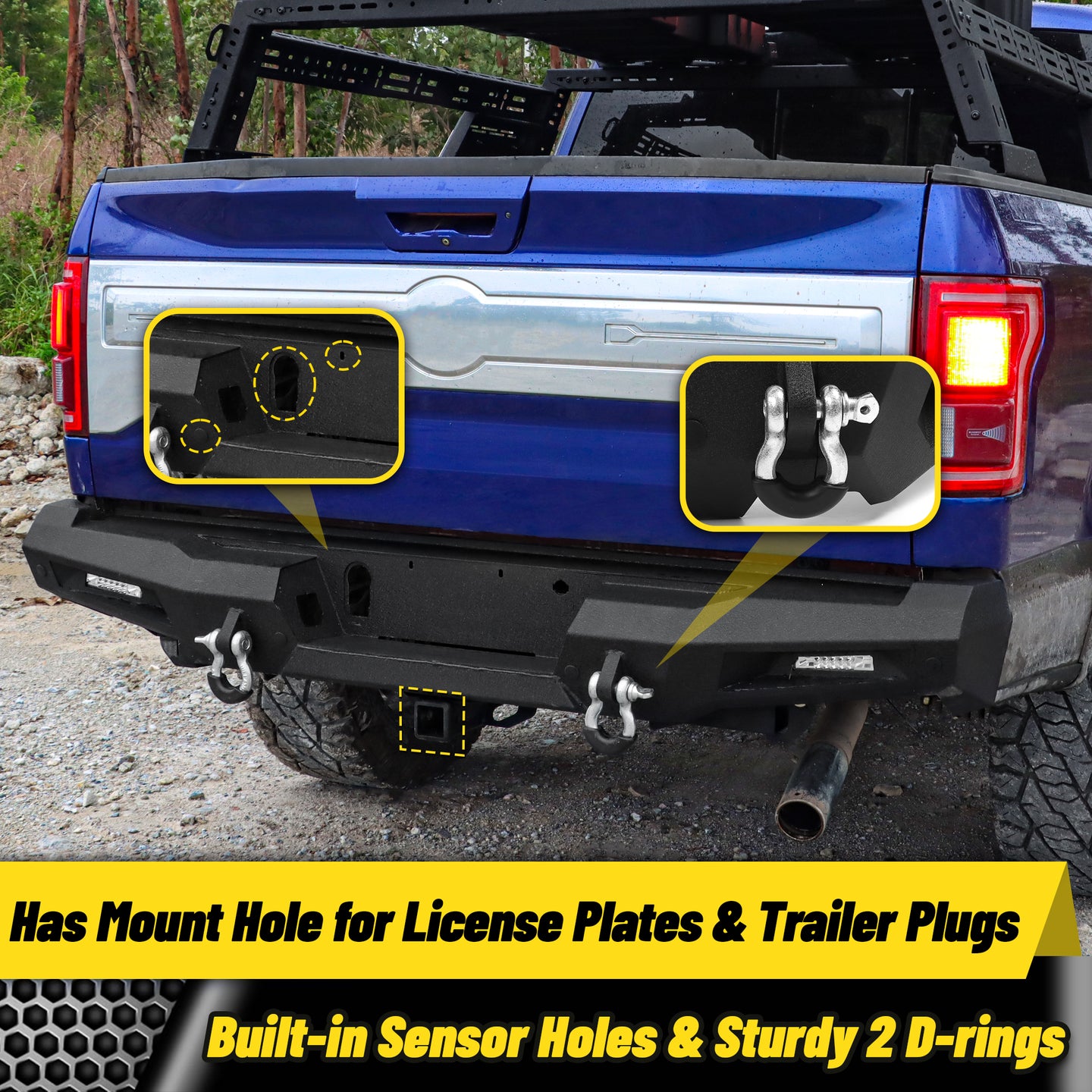 2015-2017 rear bumper with ring buckle for secure attachment, fits trucks and SUVs.