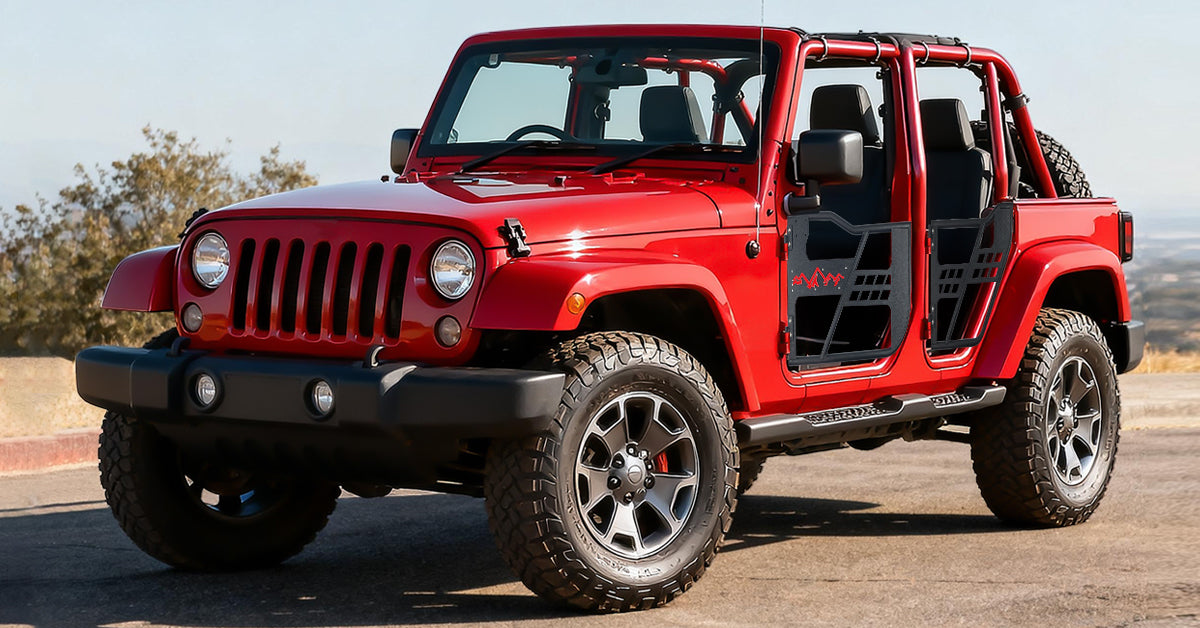 Custom red snow mountain truck door on pickup, ready for your summer road trip adventure.
