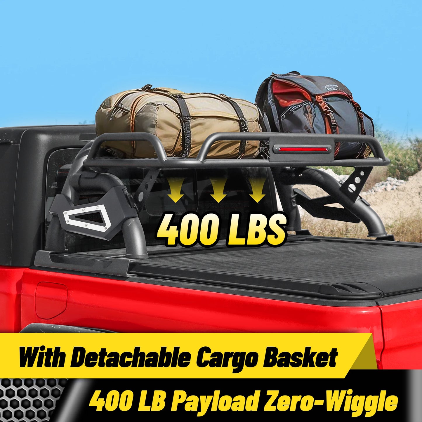 Roll Bar with Cargo Basket, LED Brake Light & Light Rack for Mid-Size Truck