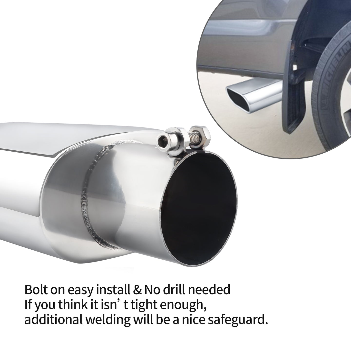 Silver exhaust tip with 2.5" inlet and 9" outlet, bolt-on design, fits most compatible tailpipes for easy installation.