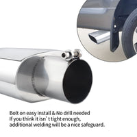 Silver exhaust tip with 2.5" inlet and 9" outlet, bolt-on design, fits most compatible tailpipes for easy installation.