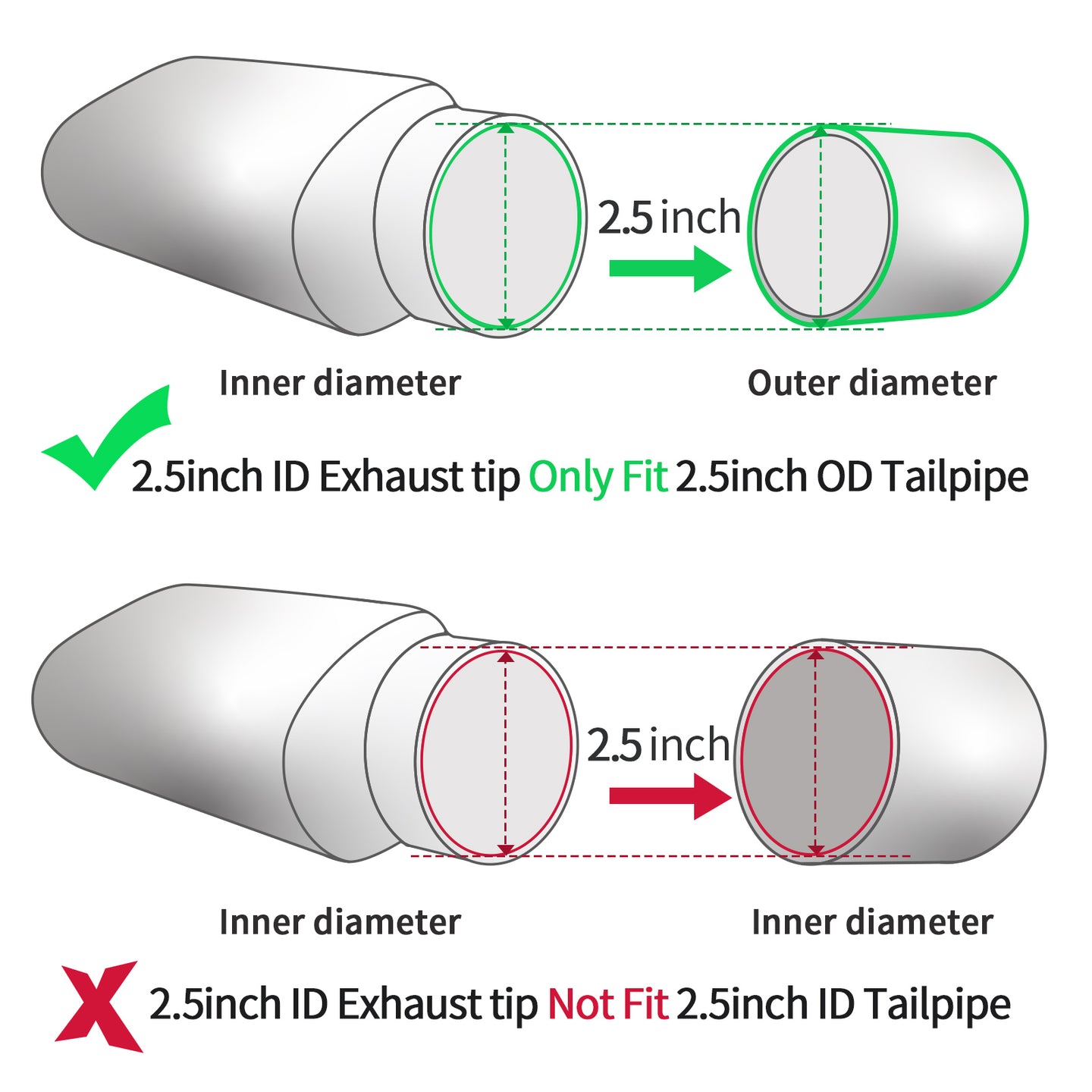 Silver exhaust tip with 2.5" inlet and 9" outlet, bolt-on design, showcasing polished inner and outer diameter.