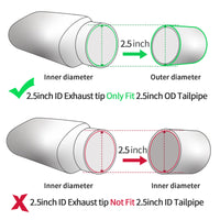 Silver exhaust tip with 2.5" inlet and 9" outlet, bolt-on design, showcasing polished inner and outer diameter.