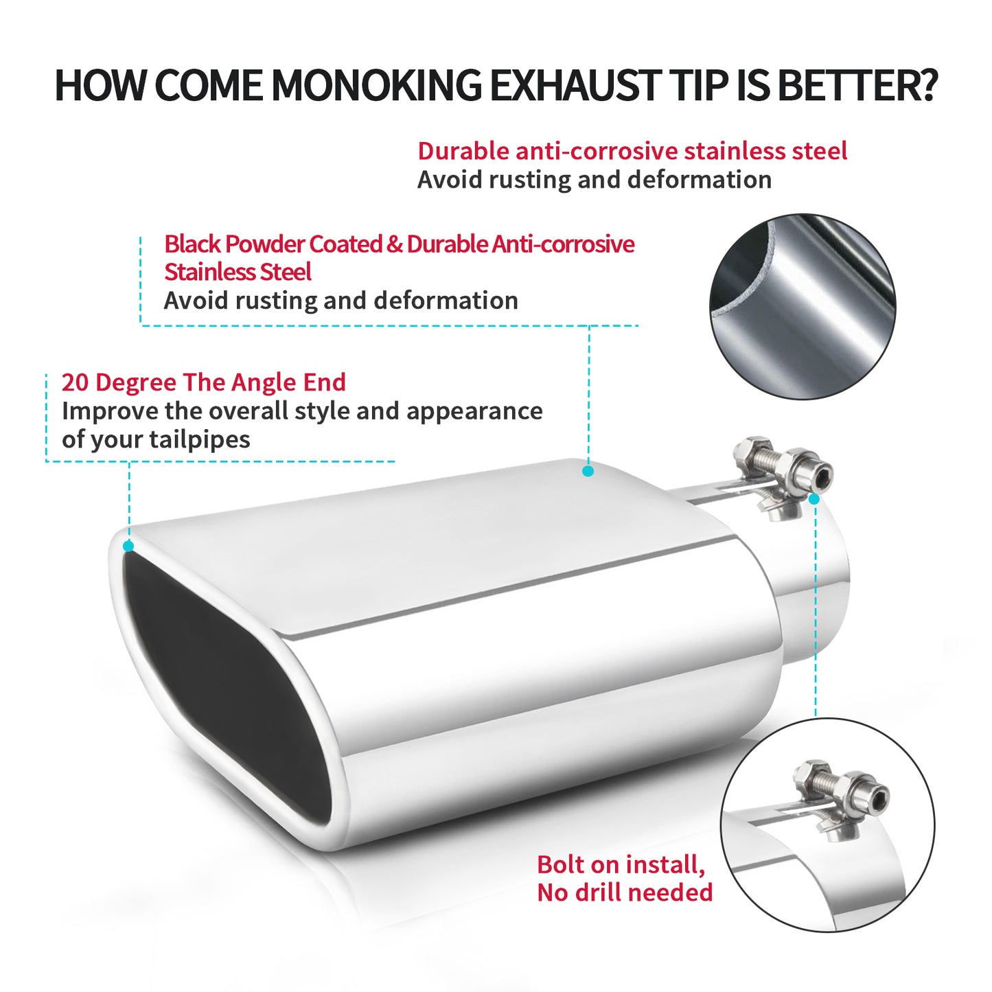 Silver exhaust tip with 2.5" inlet and 9" outlet, bolt-on design, recommended installation tips for a secure and polished fit.