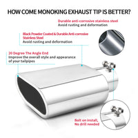 Silver exhaust tip with 2.5" inlet and 9" outlet, bolt-on design, recommended installation tips for a secure and polished fit.