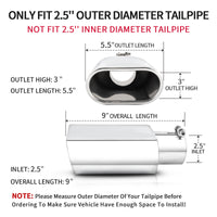 Silver exhaust tip with 2.5" inlet, 5.5x3" outlet, bolt-on design, inner and outer diameter polished for a sleek look.