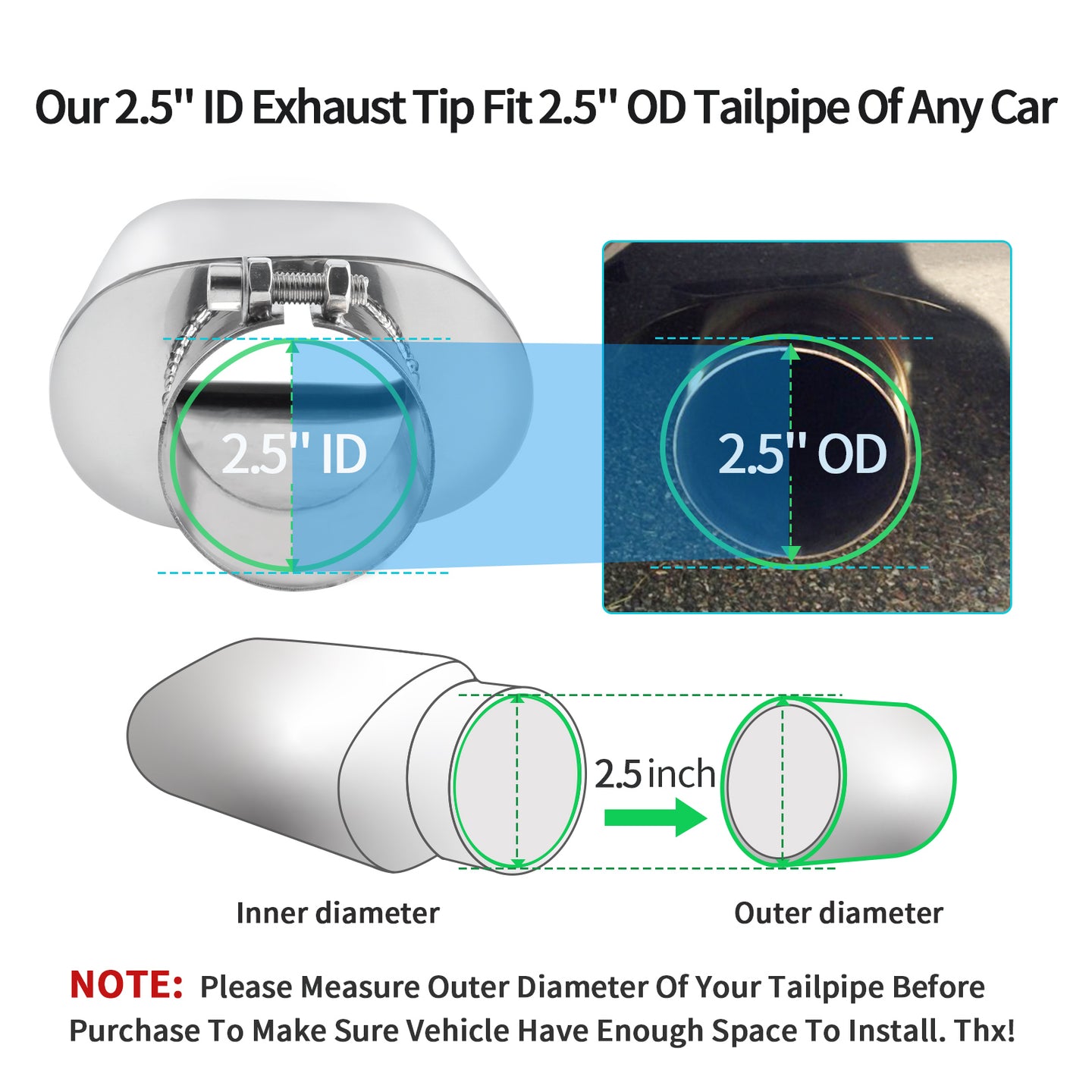 Silver exhaust tip with 2.5" inner diameter, fits 2.5" tailpipe, bolt-on design for easy installation.