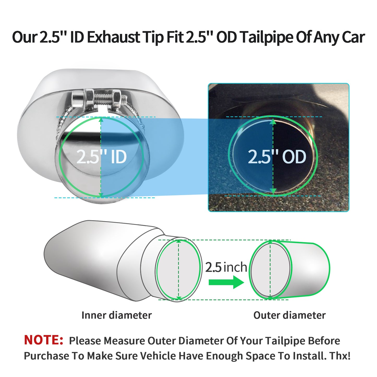 Silver exhaust tip with 2.5" inner diameter, fits 2.5" tailpipe, bolt-on design for easy installation.