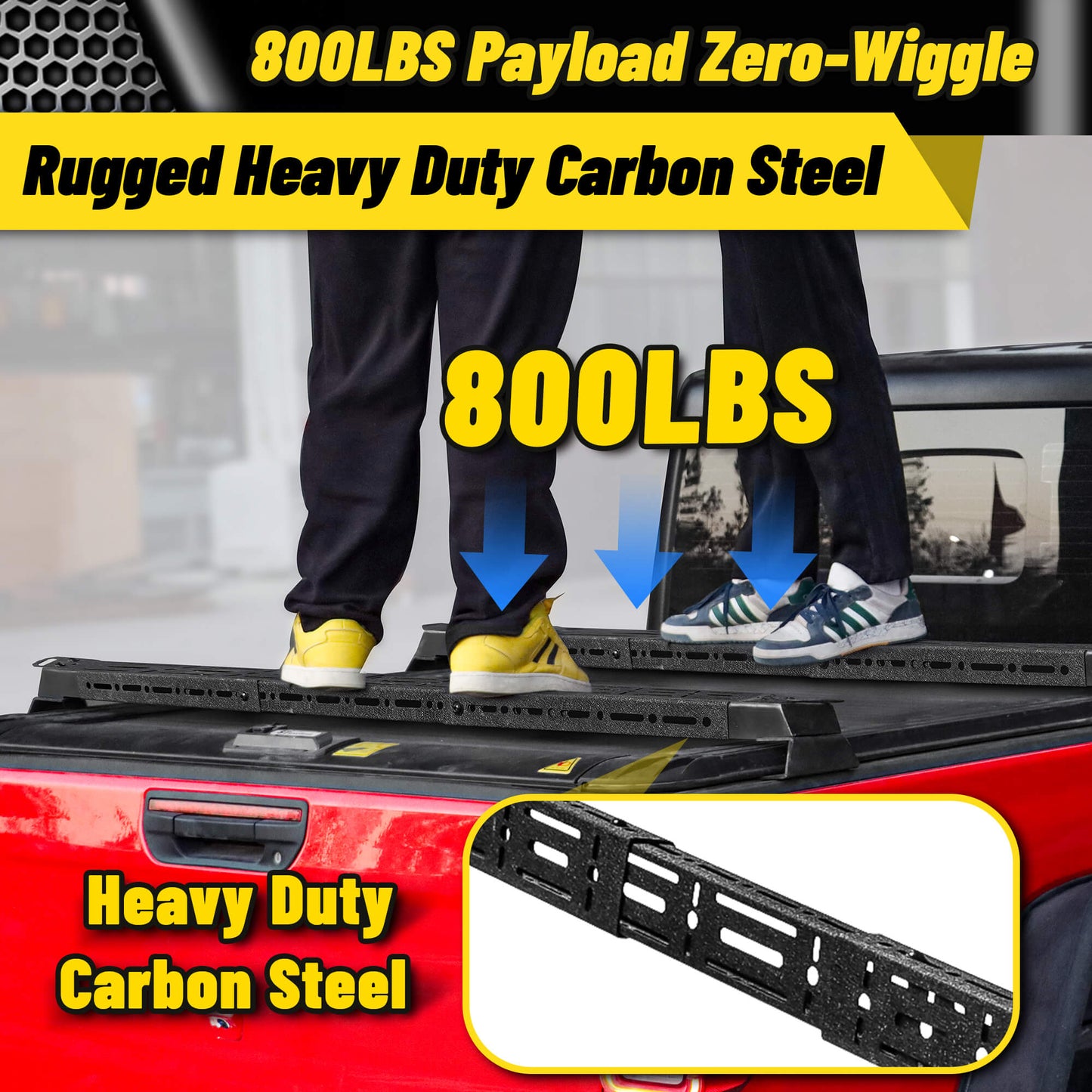 Truck bed rack with 800 lbs heavy-duty payload for secure hauling.