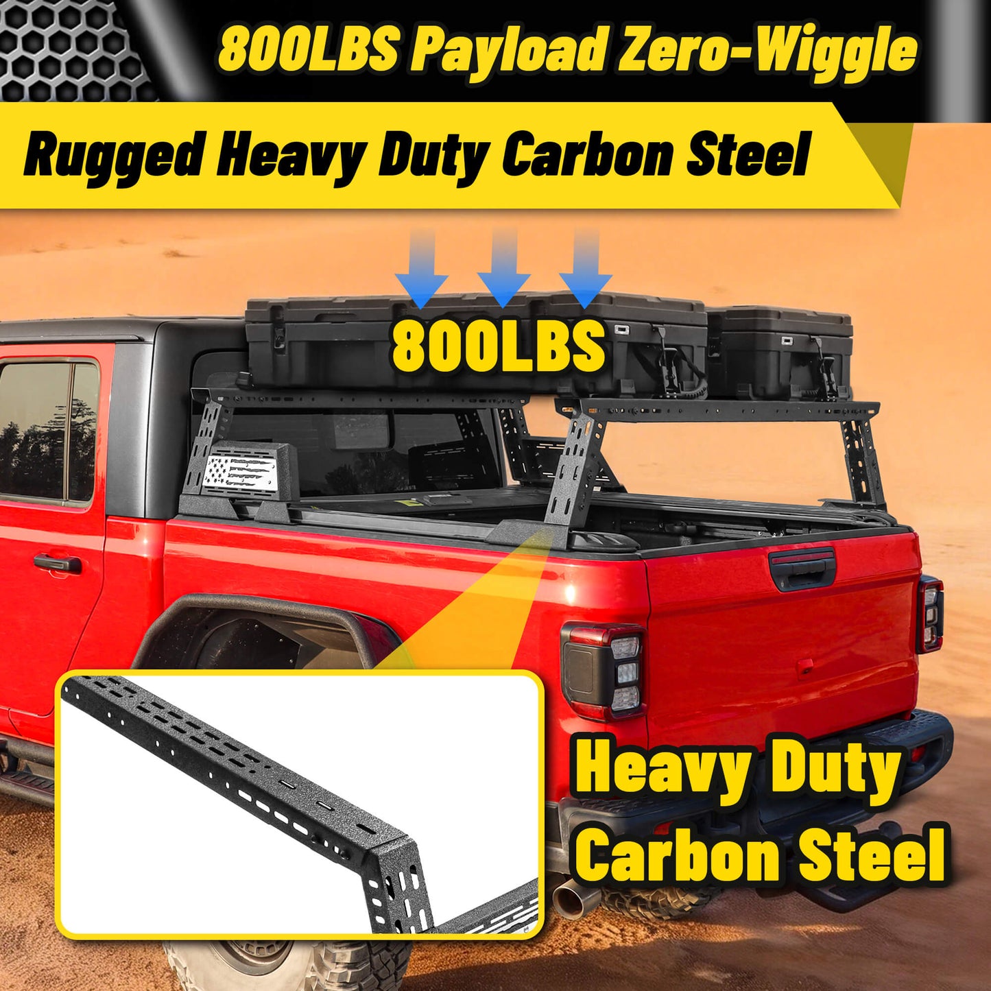 Heavy-duty truck bed rack with 800LBS load capacity, built for tough hauling.