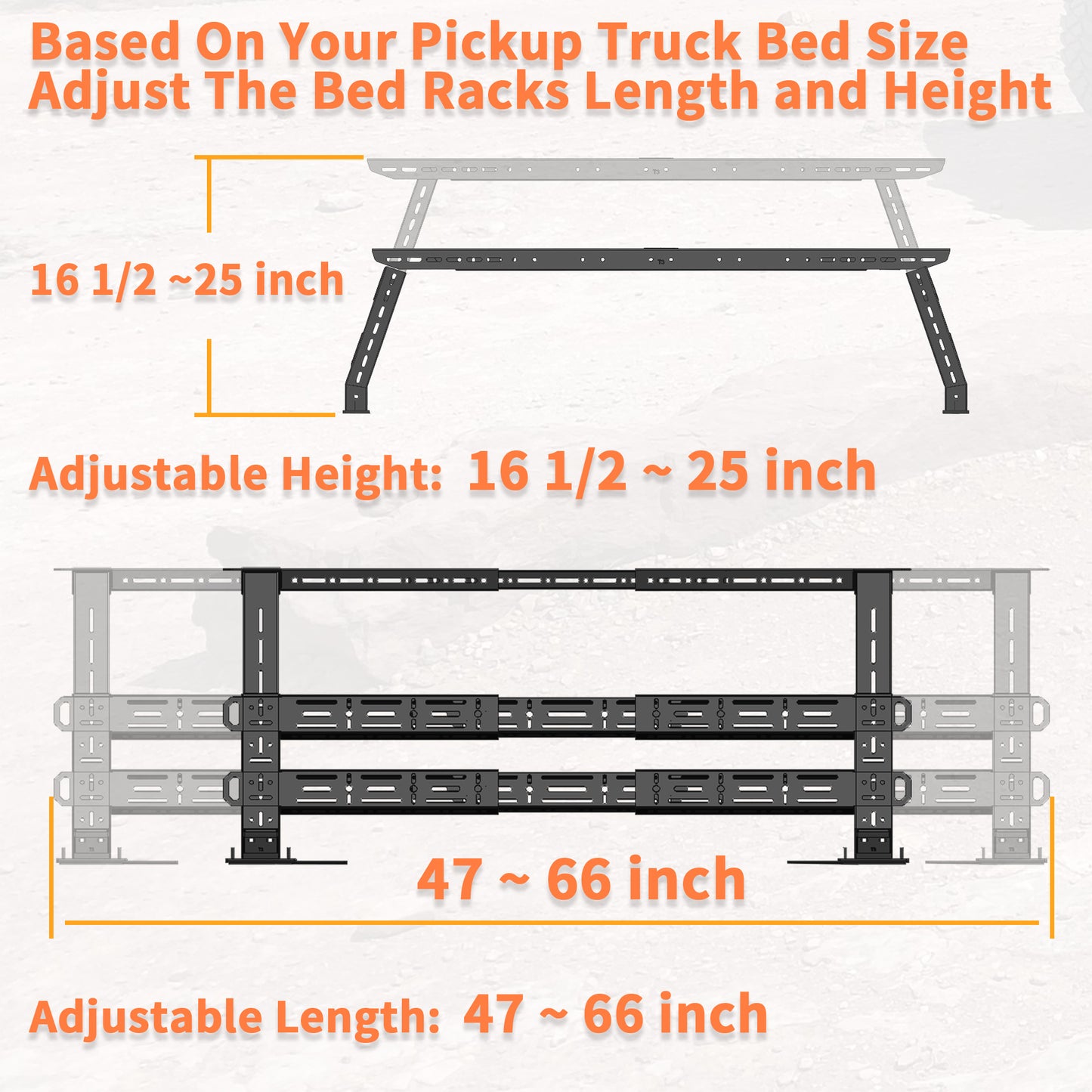 Adjustable truck bed rack fits most pickups, allowing customized height and size for versatile cargo storage