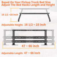 Adjustable truck bed rack fits most pickups, allowing customized height and size for versatile cargo storage