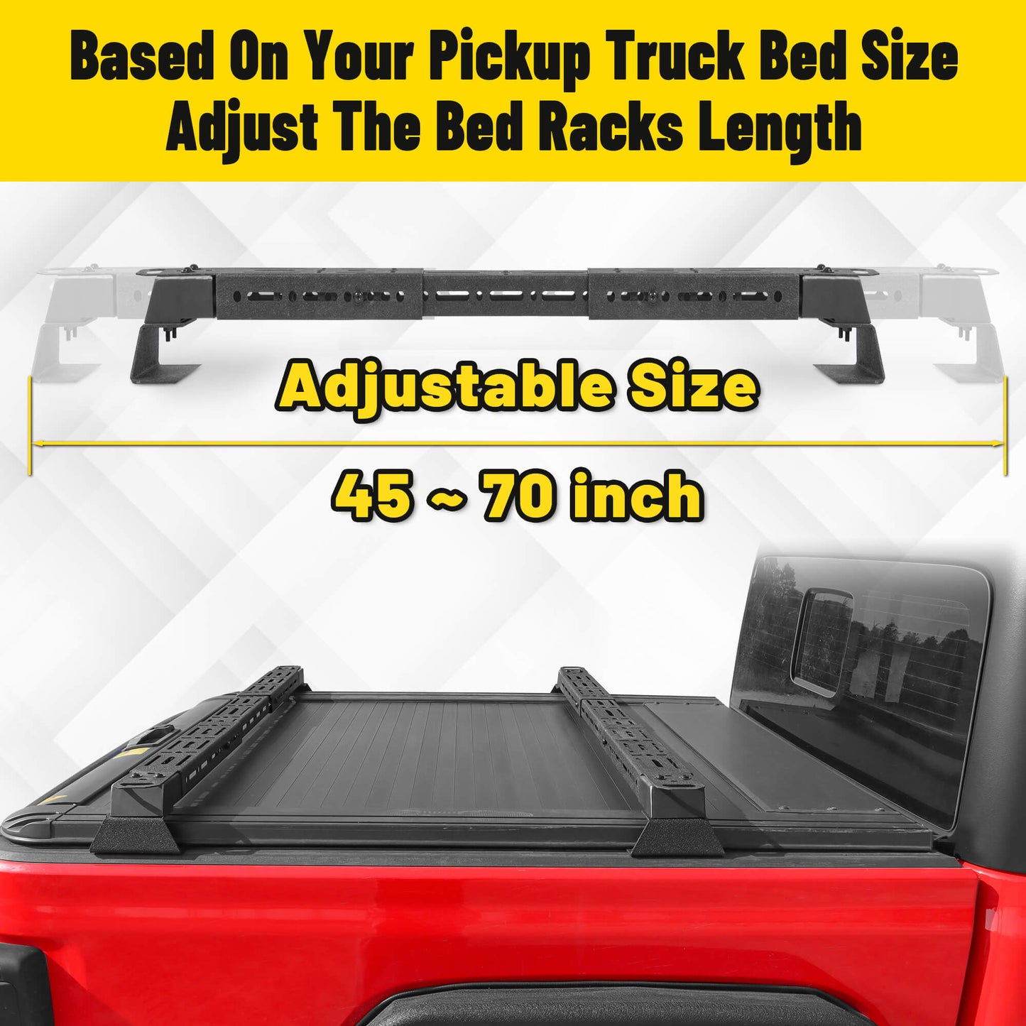 Adjustable truck bed rack for customizable fit on pickup trucks.